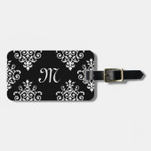Elegant Monogrammed Black and White Damask Pattern Bagagelabel (Voorkant horizontaal)