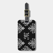 Elegant Monogrammed Black and White Damask Pattern Bagagelabel (Voorkant verticaal)
