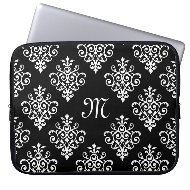 Elegant Monogrammed Black and White Damask Pattern Laptop Sleeve (Voorkant)