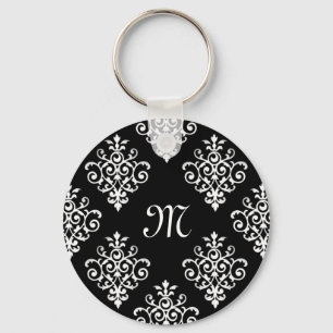 Elegant Monogrammed Black and White Damask Pattern Sleutelhanger