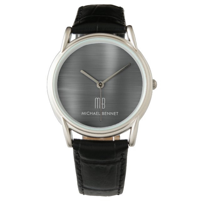 Elegant Monogrammed Black geborsteld metaal Horloge (Voorkant)