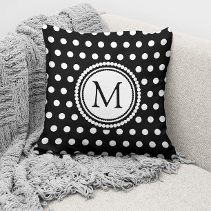 Elegant Monogrammed Black White Polka Dots Kussen