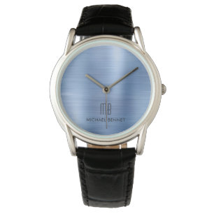 Elegant Monogrammed Blue Brushed Metal Horloge