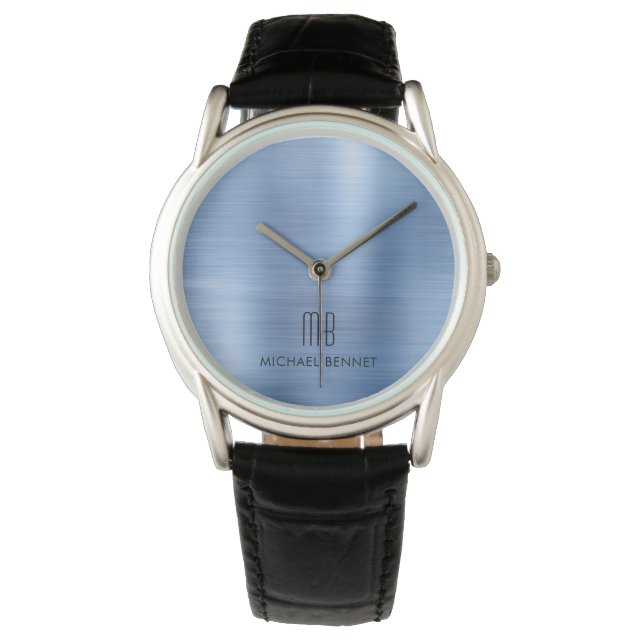 Elegant Monogrammed Blue Brushed Metal Horloge (Voorkant)