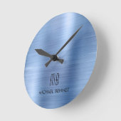 Elegant Monogrammed Blue Brushed Metallic Ronde Klok (Hoek)
