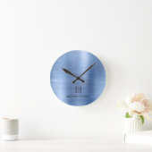 Elegant Monogrammed Blue Brushed Metallic Ronde Klok (Huis)