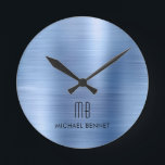 Elegant Monogrammed Blue Brushed Metallic Ronde Klok<br><div class="desc">Gepersonaliseerde Elegant Monogrammed Blue Borsteled .</div>