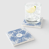 Elegant Monogrammed Blue Floral Waterverf Stenen Onderzetter (Zijkant)