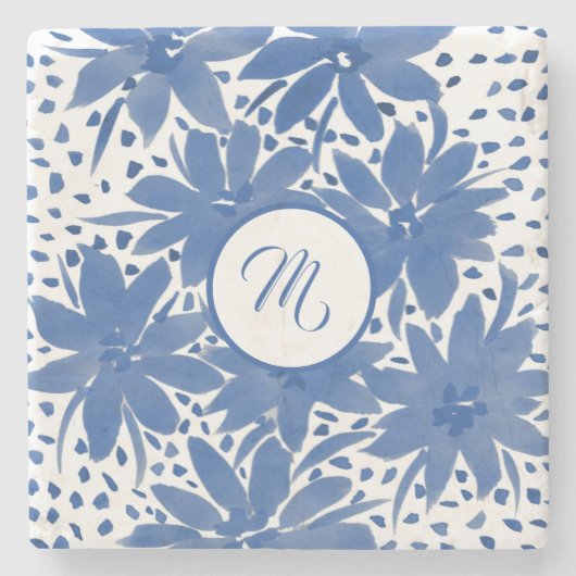 Elegant Monogrammed Blue Floral Waterverf Stenen Onderzetter (Voorkant)