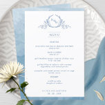 Elegant Monogrammed Blue Waterverf Wedding Menu<br><div class="desc">Welkom uw gasten bij hun tafel met dit elegante monogrammed trouwmenu, met voortreffelijke handgetekende bladmonogram met stellende initialen en blauwe waterverf grensstrepen. Rug met mooie waterverf was in een verscheidenheid aan blauwe tinten. Een deel van ons Collectie "Blue Waterverf Botanical Monogram Wedding" met allerlei coördinerende producten die beschikbaar zijn, waaronder...</div>