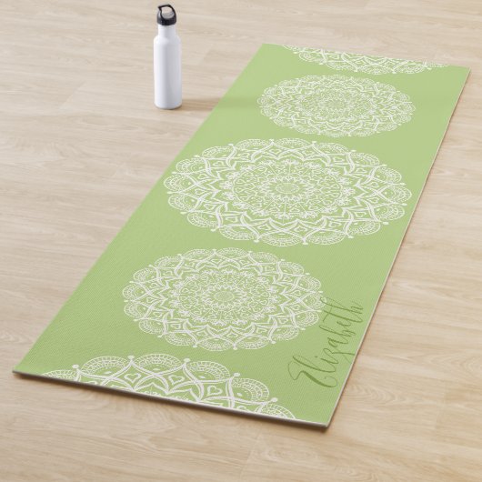 Elegant Monogrammed Boho Lime Green Mandala Yogamat (In situ)