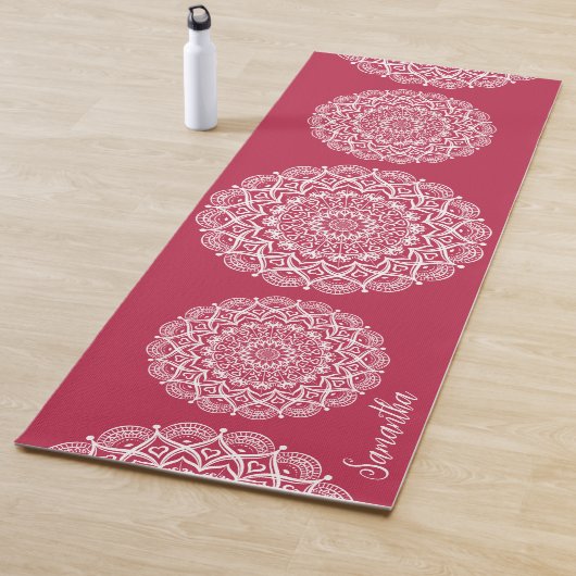 Elegant Monogrammed Boho Magenta and White Mandala Yogamat (In situ)