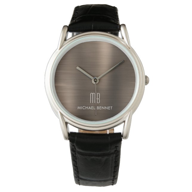 Elegant Monogrammed Bronze Brown geborsteld metaal Horloge (Voorkant)