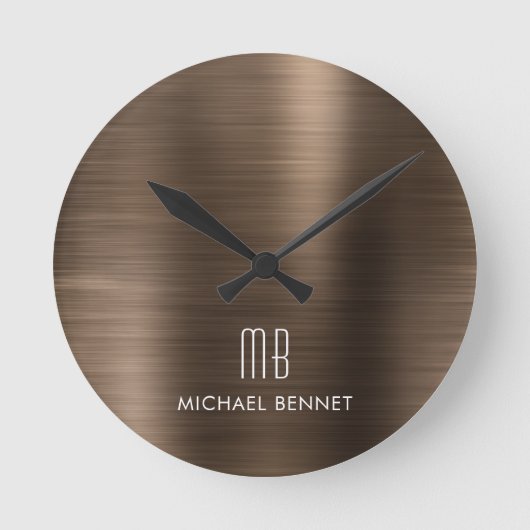 Elegant Monogrammed Bronze Brushed Metallic Ronde Klok (Voorkant)