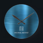 Elegant Monogrammed Brushed Metallic Blue Ronde Klok<br><div class="desc">Gepersonaliseerde Elegant Monogrammed geborstelde Metallic Blauwe .</div>