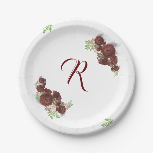 Elegant Monogrammed Burgundy Rozen Paper Bord (Voorkant)