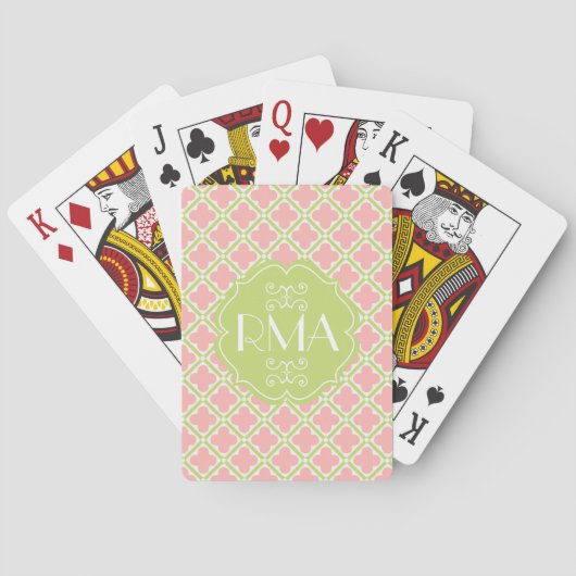 Elegant Monogrammed Clover Pattern Pink & Green Pokerkaarten (Achterkant)