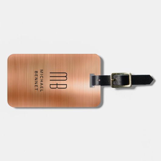 Elegant Monogrammed Copper Brown Brushed Metal Bagagelabel (Voorkant horizontaal)