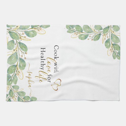 Elegant Monogrammed Eucalyptus Greenery White Theedoek (Horizontaal)