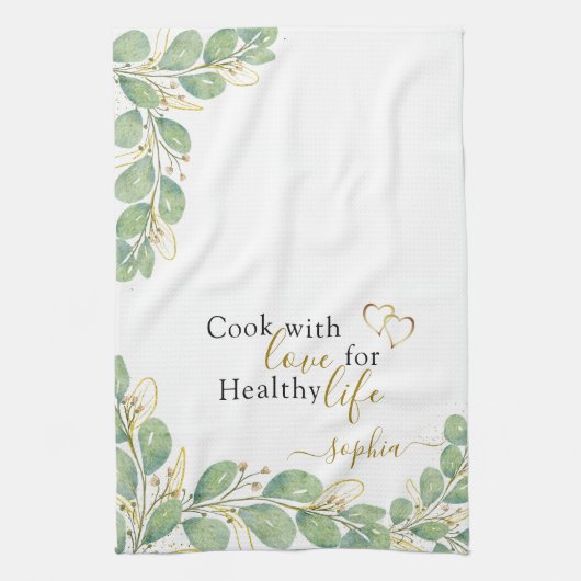 Elegant Monogrammed Eucalyptus Greenery White Theedoek (Verticaal)