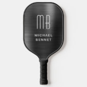 Elegant Monogrammed Faux Black, geborsteld metaal Pickleball Paddle (Voorkant)