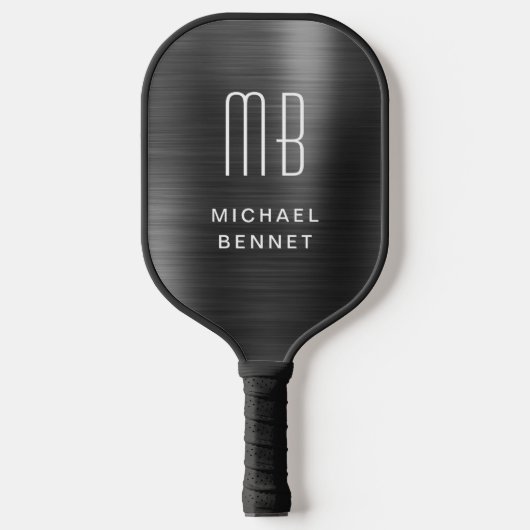 Elegant Monogrammed Faux Black, geborsteld metaal Pickleball Paddle (Voorkant)