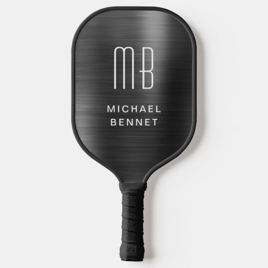 Elegant Monogrammed Faux Black, geborsteld metaal Pickleball Paddle (Achterkant)