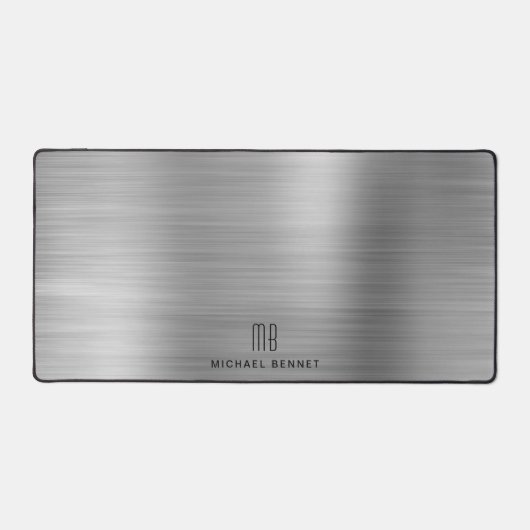 Elegant Monogrammed Faux Silver Brushed Metallic Bureaumat (Voorkant)