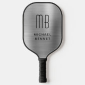 Elegant Monogrammed Faux Silver Brushed Metallic Pickleball Paddle (Voorkant)
