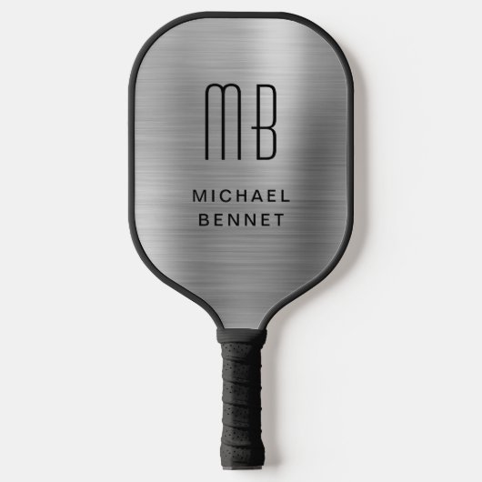 Elegant Monogrammed Faux Silver Brushed Metallic Pickleball Paddle (Voorkant)