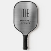Elegant Monogrammed Faux Silver Brushed Metallic Pickleball Paddle (Achterkant)