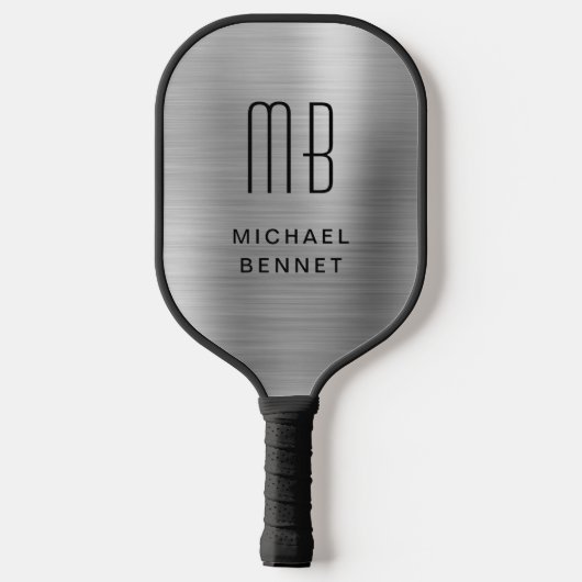 Elegant Monogrammed Faux Silver Brushed Metallic Pickleball Paddle (Achterkant)