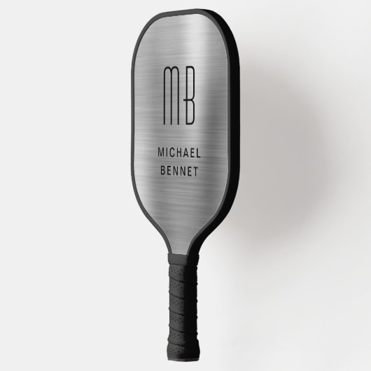 Elegant Monogrammed Faux Silver Brushed Metallic Pickleball Paddle (Links)