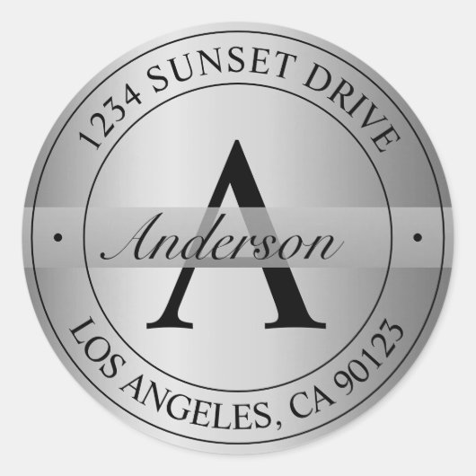 Elegant Monogrammed Faux Silver Return Address Ronde Sticker (Voorkant)