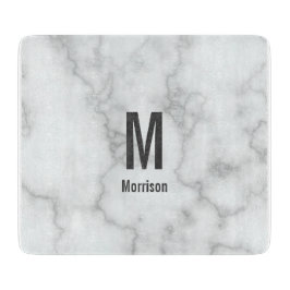 Elegant Monogrammed Faux White Marble Snijplank