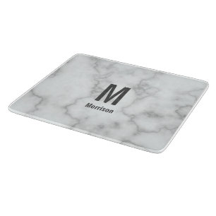 Elegant Monogrammed Faux White Marble Snijplank