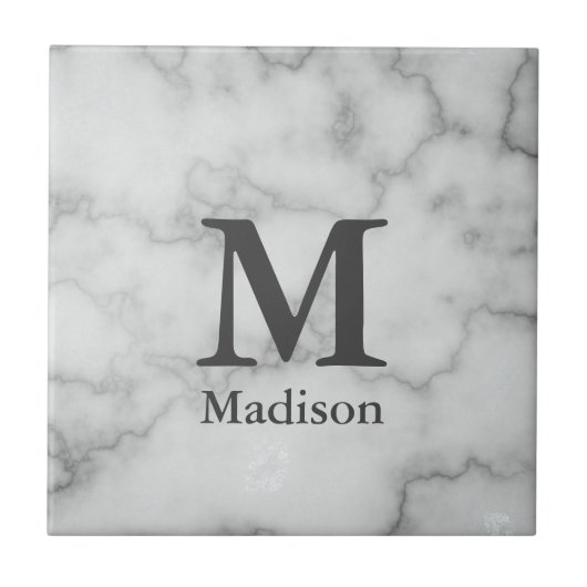Elegant Monogrammed Faux White Marble Tegeltje (Voorkant)