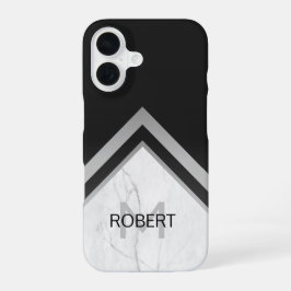 Elegant monogrammed Geometric Black Silver Marble iPhone 16 Hoesje
