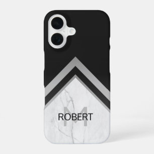 Elegant monogrammed Geometric Black Silver Marble iPhone 16 Hoesje