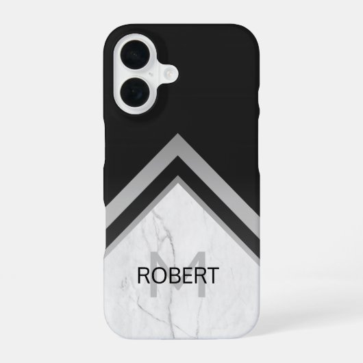 Elegant monogrammed Geometric Black Silver Marble iPhone 16 Hoesje (Achterkant)