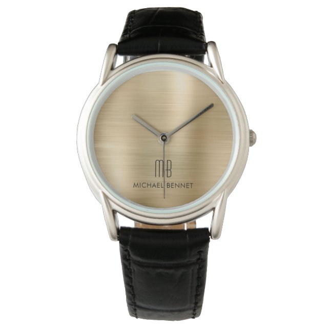 Elegant monogrammed Gold Brushed Metallic Watch Horloge (Voorkant)