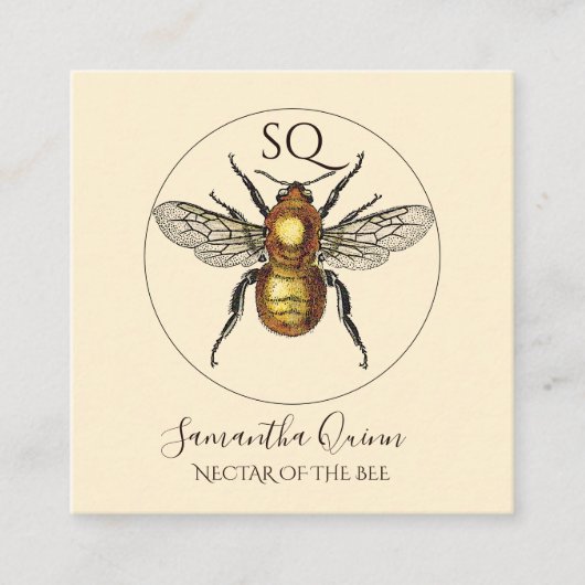 Elegant Monogrammed Golden Bee Circle Logo Vierkante Visitekaartje (Voorkant)