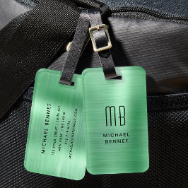 Elegant Monogrammed Green Brushed Metal Bagagelabel