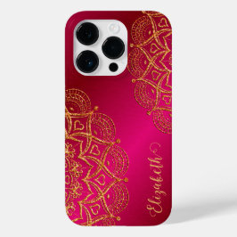 Elegant Monogrammed Hot Pink en Gold Mandala Case-Mate iPhone 14 Pro Hoesje