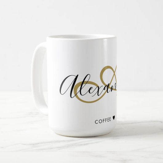 Elegant Monogrammed Initiaal Naam Zwart Goud Scrip Koffiemok (Voorkant links)