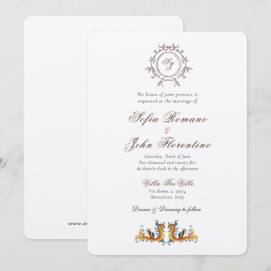 Elegant Monogrammed Italiaans huwelijksuitnodiging Kaart (Voorkant / Achterkant)
