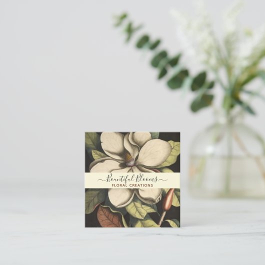 Elegant Monogrammed Magnolia Cream Sage Blooms Vierkante Visitekaartje (Staand voorkant)