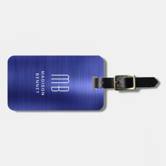 Elegant Monogrammed Navy Blue Brushed Metallic Bagagelabel (Voorkant horizontaal)