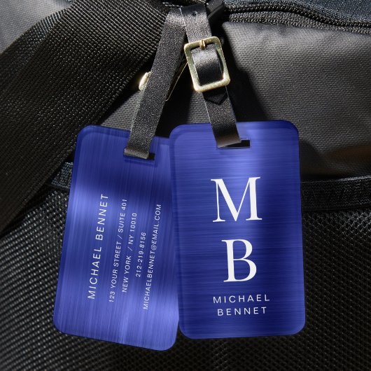 Elegant Monogrammed Navy Blue Brushed Metallic Bagagelabel