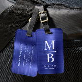 Elegant Monogrammed Navy Blue Brushed Metallic Bagagelabel